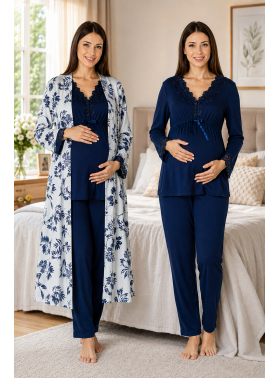 Effortt 8094 Lacivert Lohusa Hamile Pijama Takım Sabahlık